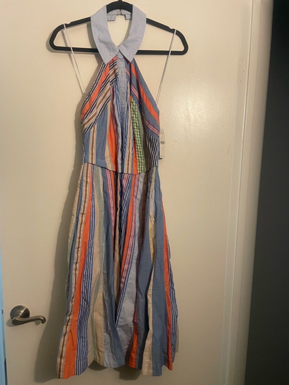Maeve Multistripe Halter Maxi Dress in Blue, Orange and Cream